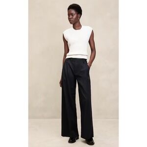 Banana Republic Linen-Blend Wide-Leg Pleated Trouser Black High-Rise Size 12‎